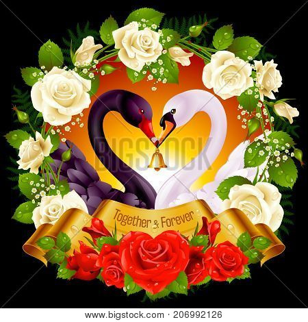 Vector Wreath of Roses Couple Swans Ribbon and Sunset Background. Black Cob and White Pen hold a Golden Bell. Birds Neck and Flowers in Heart Shape. Valentines Day Card or Wedding Invitation