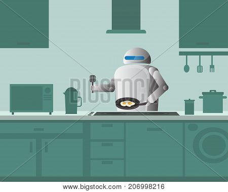Domestic robot preparing omelette in breakfast at kitchen. Personal robot chef futuristic concept illustration vector.