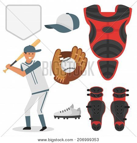 Cartoon baseball player icons batting vector design american game athlete winner sport. Champion league equipment competition man character and athletic sport patches.