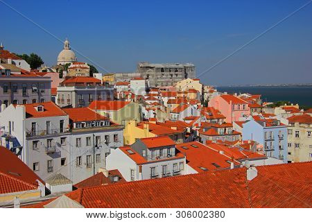 Beautiful View Over The Old Town Of Lisbon (bairro Alto) And The River Tejo, Seen From The São Pedro