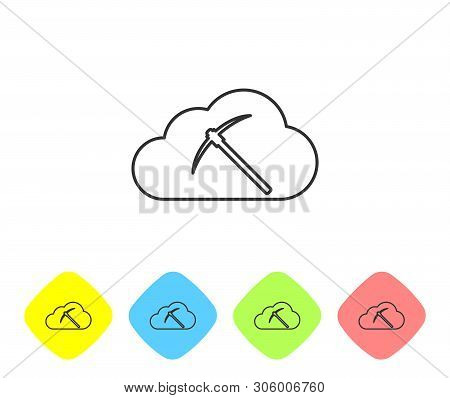 Grey Cryptocurrency Cloud Mining Line Icon On White Background. Cloud With Pickaxe, Bitcoin, Altcoin