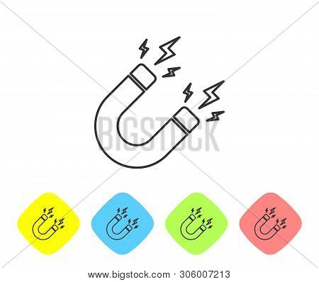 Grey Magnet With Lightning Line Icon Isolated On White Background. Horseshoe Magnet, Magnetism, Magn
