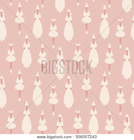 Seamless Vector Pattern With Dolls In White Dresses On Powder Pink Background. Surface Print Design.