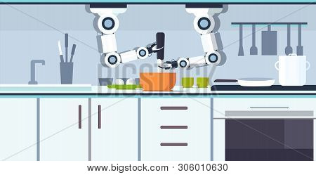 Smart Handy Chef Robot Preparing Omelet Beating Eggs In Bowl Robotic Assistant Innovation Technology