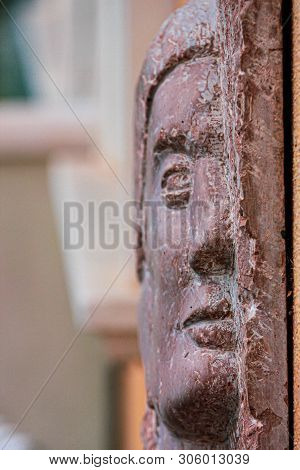 Montereale, Italy. June 20, 2015: High Relief Of A Face Belonging To The Artist Nestore Bernardi. Ph