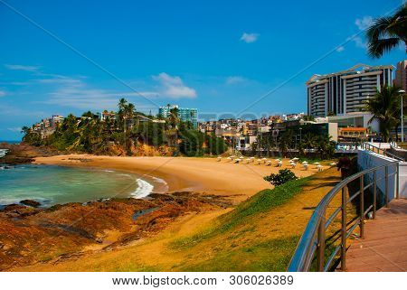 Salvador, Brazil: Beautiful Landscape With Tropical Beach View. Brazilian Beach In Sunny Weather