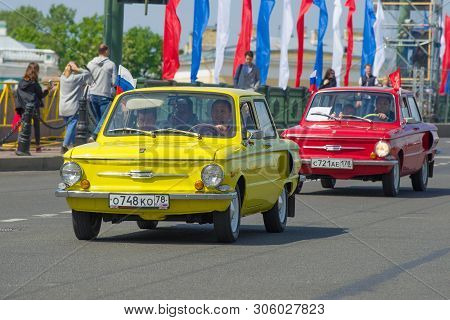 Saint Petersburg, Russia - May 25, 2019: Two Soviet Small Cars Zaz-968 