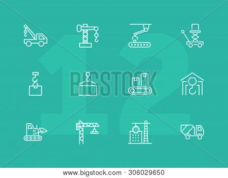 Industry Machines Line Icon Set. Concrete Mixer, Crane, Site. Machinery Concept. Can Be Used For Top