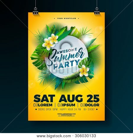 Vector Summer Beach Party Flyer Design With Flower And Tropical Palm Leaves On Yellow Background. Su