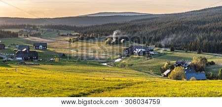 Jizerka Village At Sunset Time. View From Bukovec Mountain, Jizera Mountains, Czech Republic
