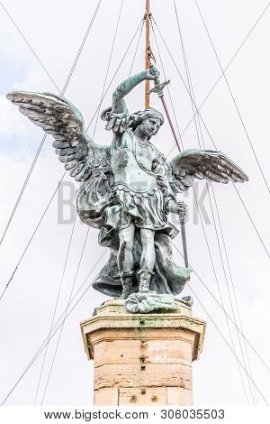 Bronze Statue Of Michael The Archangel On The Top Of The Castel Santangelo, Rome, Italy