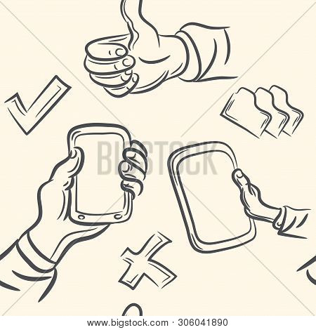 Seamless Pattern. Doodle Hand Holds The Device Set . Vector