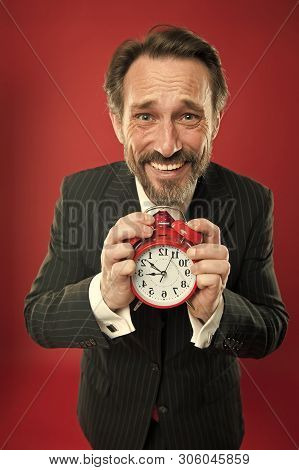 Time Is Merciless. Businessman Formal Suit Hold Alarm Clock. Deadline Concept. Last Minute. Time Man