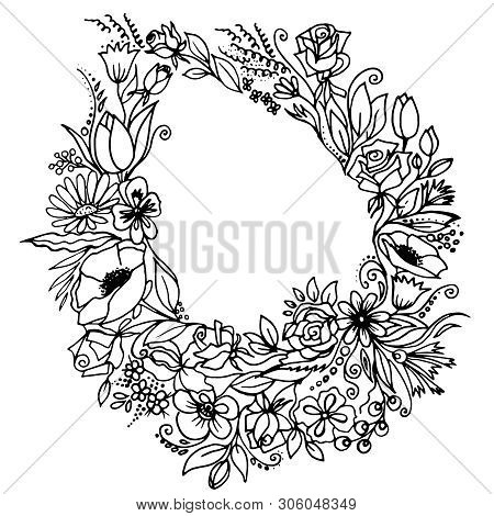 Floral Wreath With Spring Flowers. Black And White.