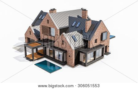 3D Rendering Of Modern Clinker House On The Ponds With Pool Isolated On White