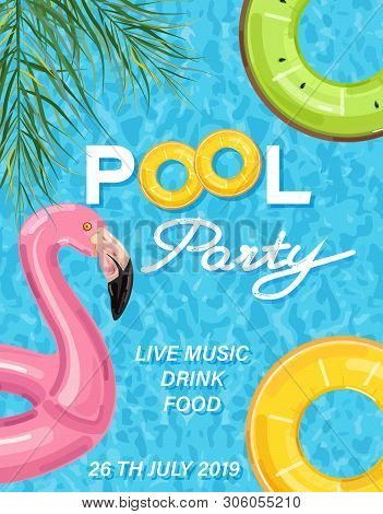 Summer Pool Party Poster With Flamingo Lifering Vector. Summer Banner Blue Water Backgrounds
