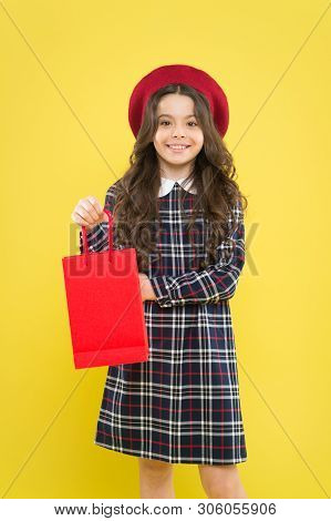 Hurry Last Chance Because Its Sale. Cute Small Child Smiling With Purchase Bought At Sale On Yellow 