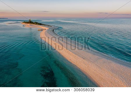 Epic Aerial View Of Tropical Island At Sunset