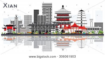 Xian China Skyline with Color Buildings and Reflections Isolated on White. Business Travel and Tourism Concept with Historic Architecture. Xian Cityscape with Landmarks.