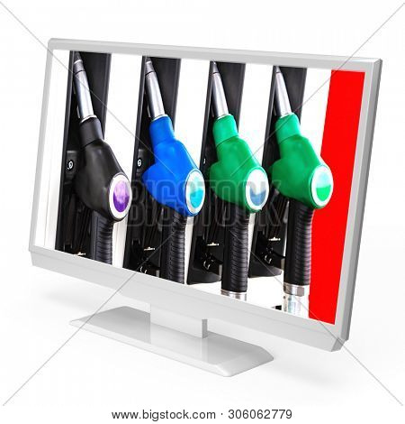 PC monitor or TV with fuel dispensers on the screeen, isolated on white background. 3D rendering