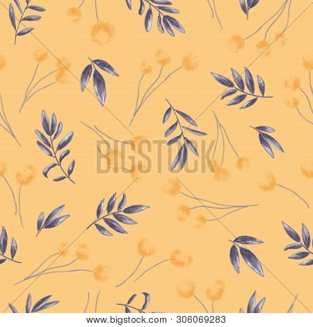 Seamless Pattern With Meadow Yellow Flowers And Steelblue Leaves.  Digital Painting. Yellow Backgrou