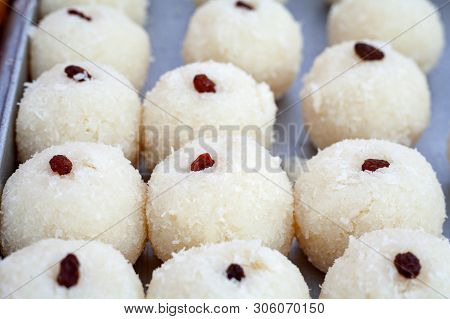 Coconut Laddoo - Indian Traditional Sweet Food. Popular Festival Food From India.