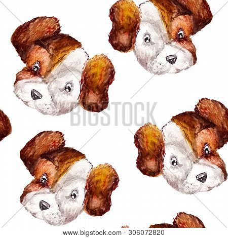 Seamless Doggy Watercolor Pattern Of Portraits Of Heads Of Jack Russell Terrier Prices On A White Ba