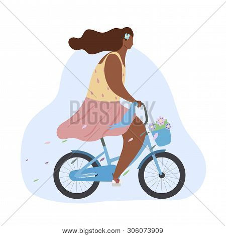 Active Modern Romantic African Girl On A Pink Bike With Flowers In Basket. Modern Flat Illustration 
