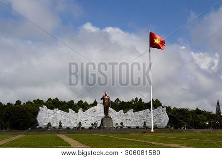 Pleiku, Vietnam - September, 2015: Wide Square With Bronze Monument Of Communist Leader Ho Chi Minh 