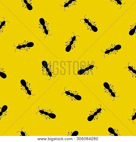 Ant Monochromic Pattern Vector Illustration. Black Ants On Yellow Background