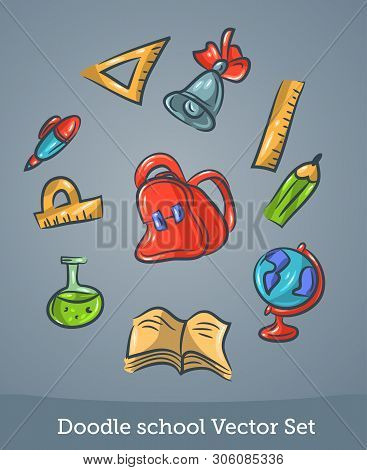 Doodle School Set Isolated On Blue Background. Vector
