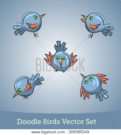 Doodle Bird Set Isolated On White Background. Vector