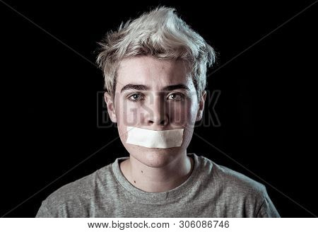 Young Transgender Boy With Taped Mouth Making Him  Silenced Not Able To Talk About His Gender Identi