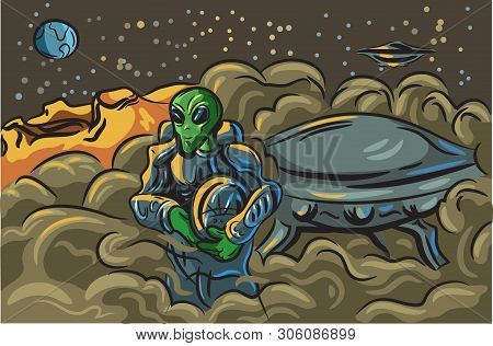 Doodle Aliens In Sketch Style On A Retro Background. Place For Your Text. Vector