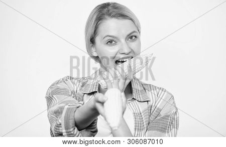 Woman Farmer At Corn Harvest. Farming, Farmer Girl With Maize. Happy Woman Eating Corn. Vegetable Ha