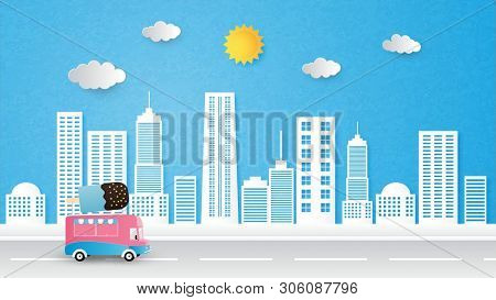 Cityscape Background Vector Paper Cut Style With Ice Cream Truck, Sun And Clouds. Paper Art Wallpape
