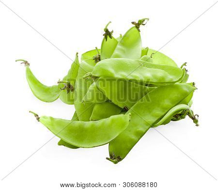 Closeup Top View Fresh Green Peas Isolated On White Background