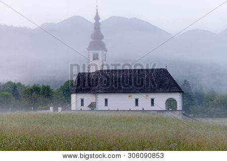 morning fog in river valley Sava Bohinjka, Slovenia
