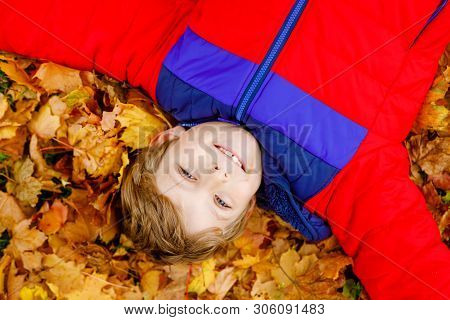 Little Kid Boy Lying In Autumn Leaves In Colorful Fashion Fall Clothing. Happy Healthy Child Having 