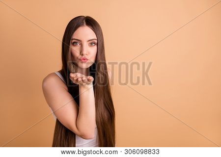Portrait Of Cute Attractive Lovely Person People Have Date Send Air Kisses Dressed White Light-color