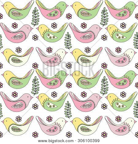 Spring Seamless Pattern Of Multicolored Birds On A White Background
