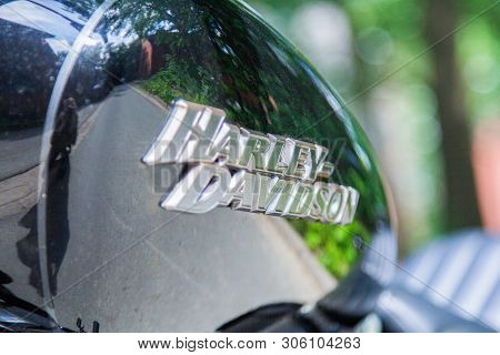 Wunstorf / Germany - June 7,2019: Harley Davidson Logo On A Black Motorcycle. Harley Davidson  Is An
