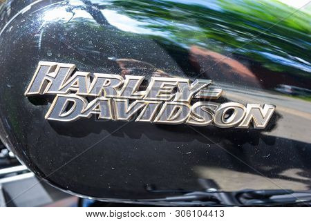 Wunstorf / Germany - June 7,2019: Harley Davidson Logo On A Black Motorcycle. Harley Davidson  Is An