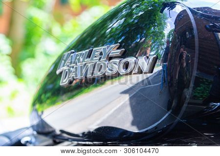 Wunstorf / Germany - June 7,2019: Harley Davidson Logo On A Black Motorcycle. Harley Davidson  Is An