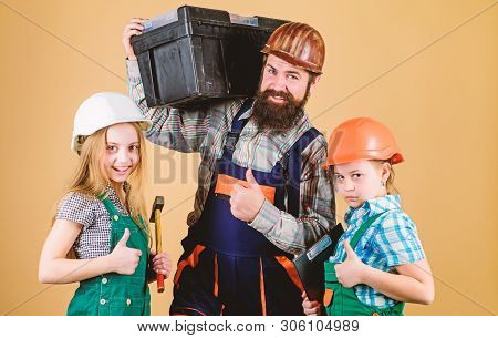 Father Builder Kids Girls. Teach Daughter. Informal Education. Fathers Day. Sisters Help Father Buil