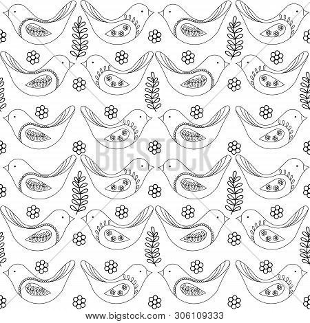 Spring Birds Seamless Pattern, Vector Black And White Drawing.