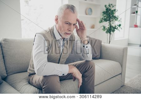 Close Up Photo Amazing He Him His Aged Man Silent Calm Peaceful Look Wondered Think Over Hand Arm Te