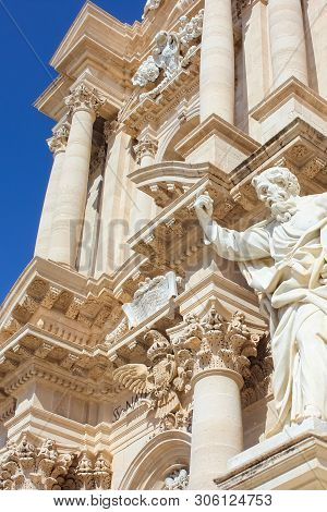 Closeup View Of Front Facade Of Stunning Cathedral Of Syracuse On Piazza Duomo Square In Ortygia Isl