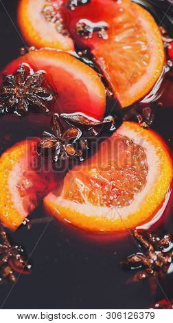 Glintwine From Red Wine With Citrus And Cloves Close Up, Vertical Panorama