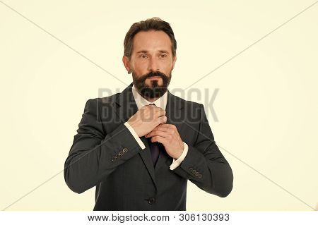 Man Adjust Necktie Isolated On White. Business Man Bearded Mature Formal Suit Adjust Accessory. Busi